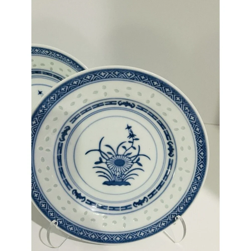 Jingdezhen Rice Eye Grain 6 Inch Desert Plates White & Blue Porcelain  Set of 4